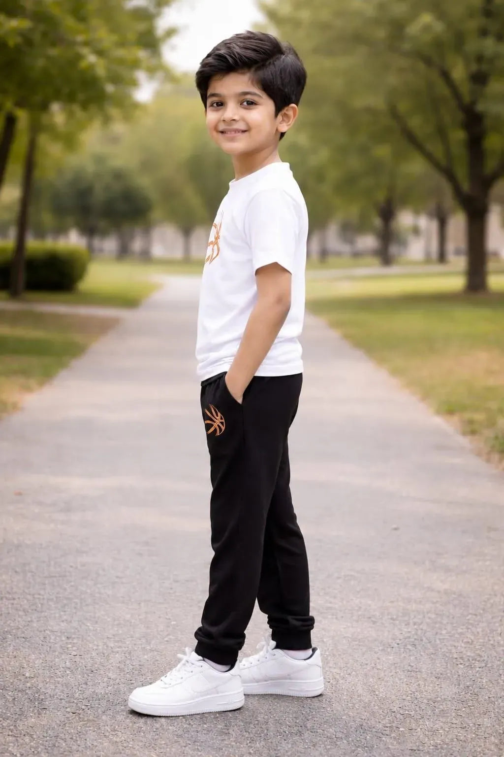 Kids Printed Tracksuit Set White Black Cotton Stretchable