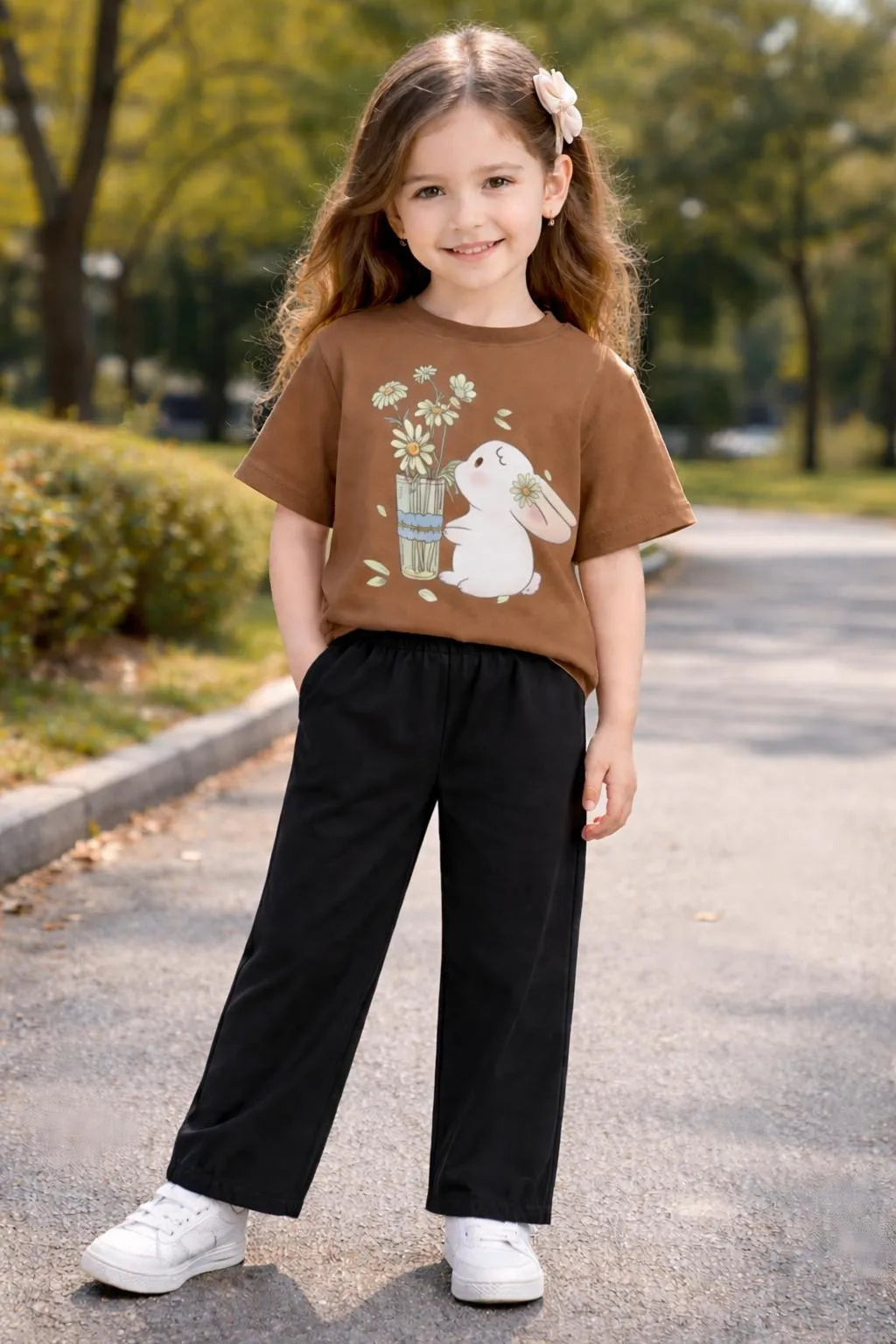 Girls Brown Printed Cotton T-Shirt & Trouser Set 1-10 Years