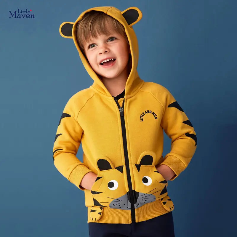 Kids Tiger Hoodie Yellow Cotton Winter Warm