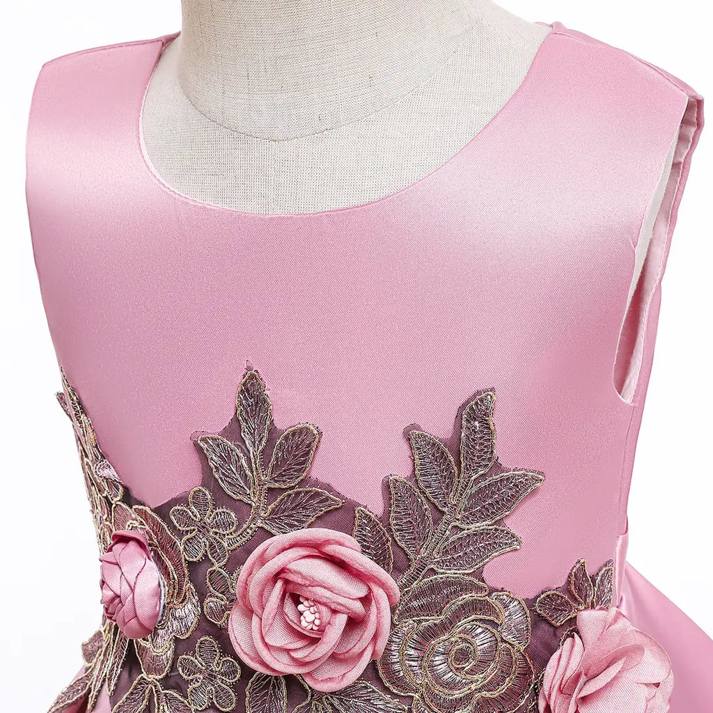 Beige Floral Embroidered Little Girl Dress for Weddings & Parties