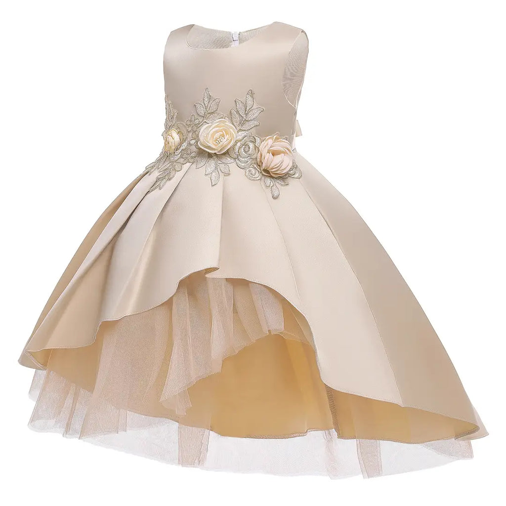 Beige Floral Embroidered Little Girl Dress for Weddings & Parties