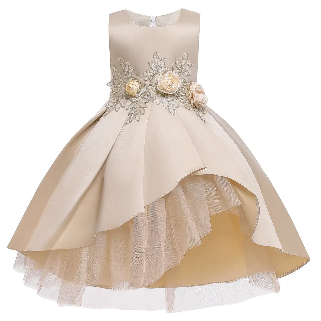Beige Floral Embroidered Little Girl Dress for Weddings & Parties