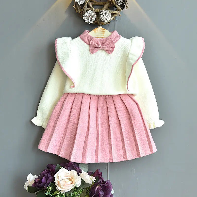Girls Knitted Sweater Set Pink Pleated Skirt Autumn