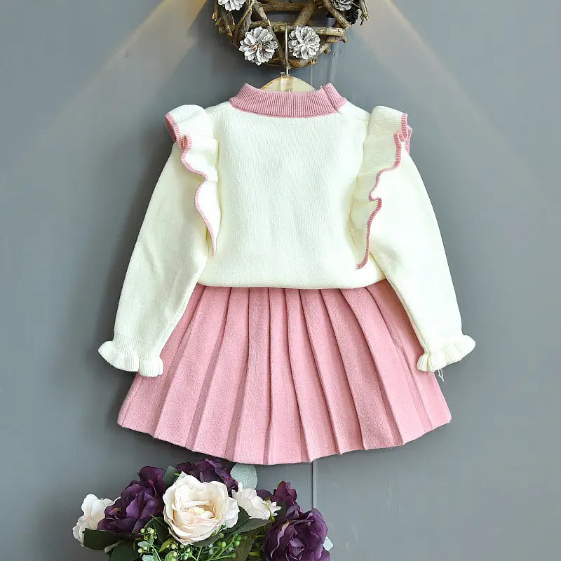 Girls Knitted Sweater Set Pink Pleated Skirt Autumn