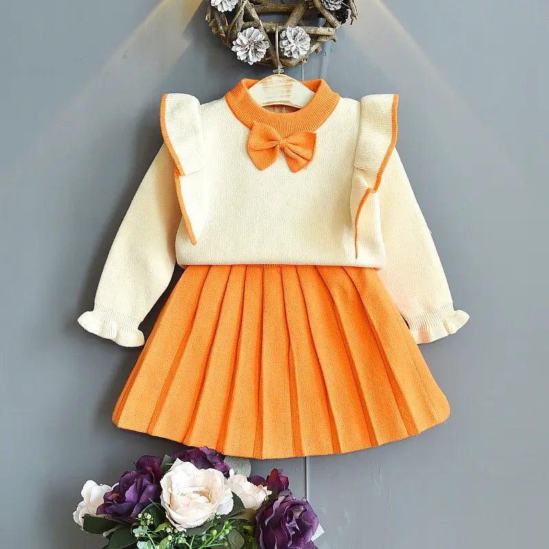 Girls Knitted Sweater Set Pink Pleated Skirt Autumn