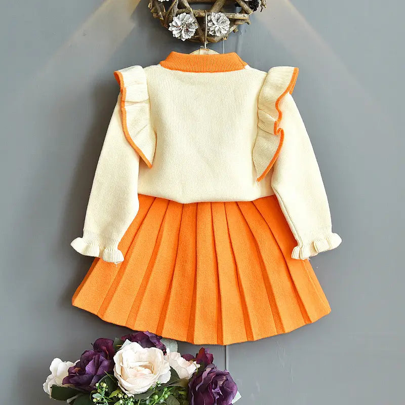 Girls Knitted Sweater Set Pink Pleated Skirt Autumn