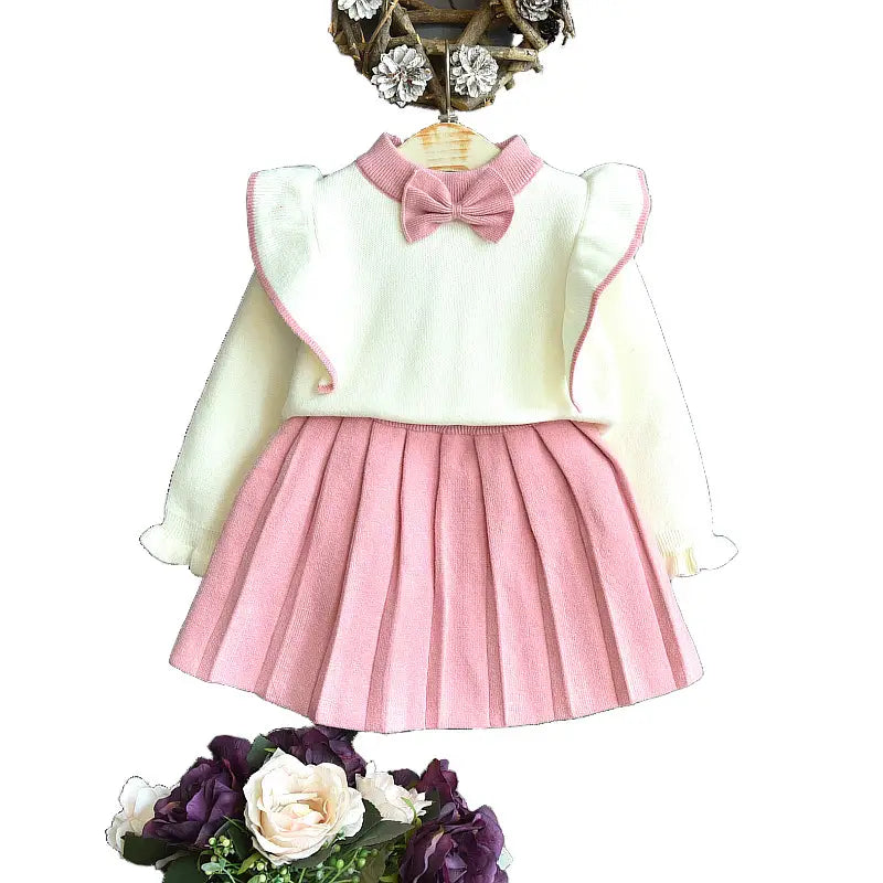 Girls Knitted Sweater Set Pink Pleated Skirt Autumn