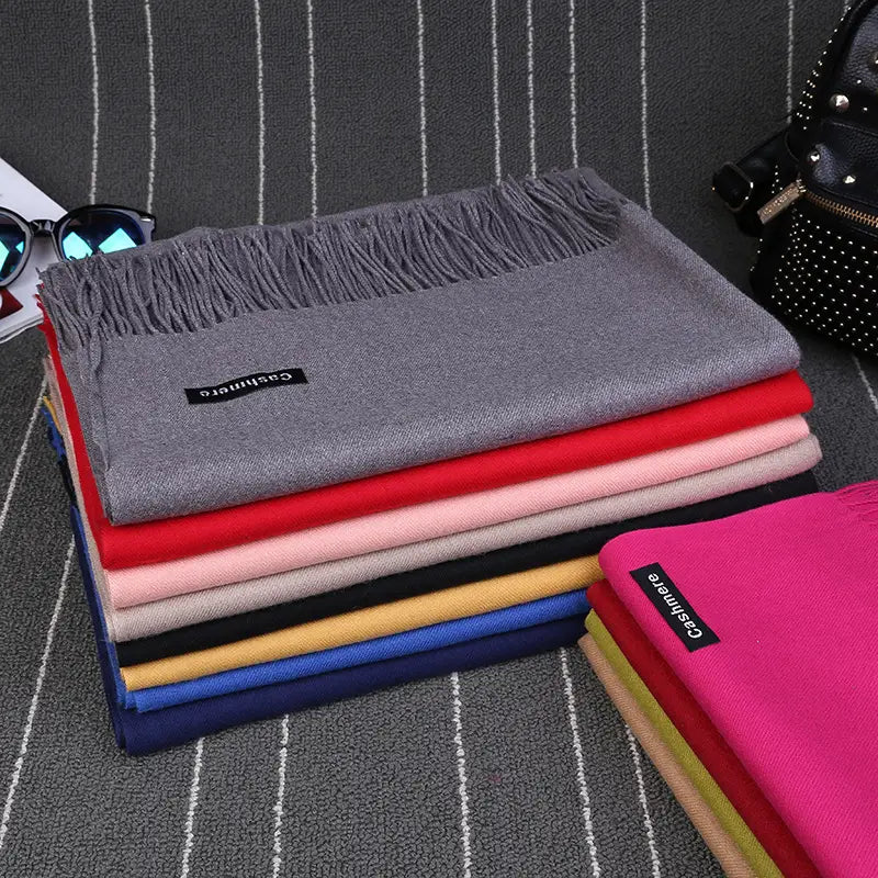 Women Solid Color Imitation Cashmere Scarf Autumn Winter Large Tassel Shawl