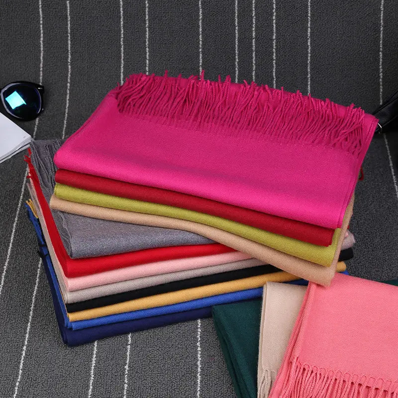 Women Solid Color Imitation Cashmere Scarf Autumn Winter Large Tassel Shawl