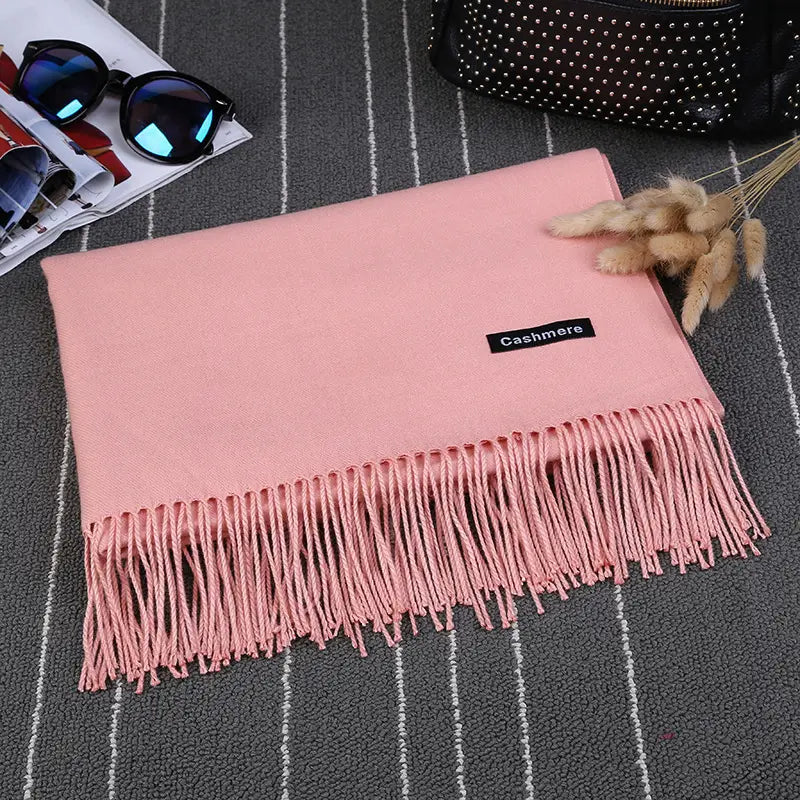 Women Solid Color Imitation Cashmere Scarf Autumn Winter Large Tassel Shawl