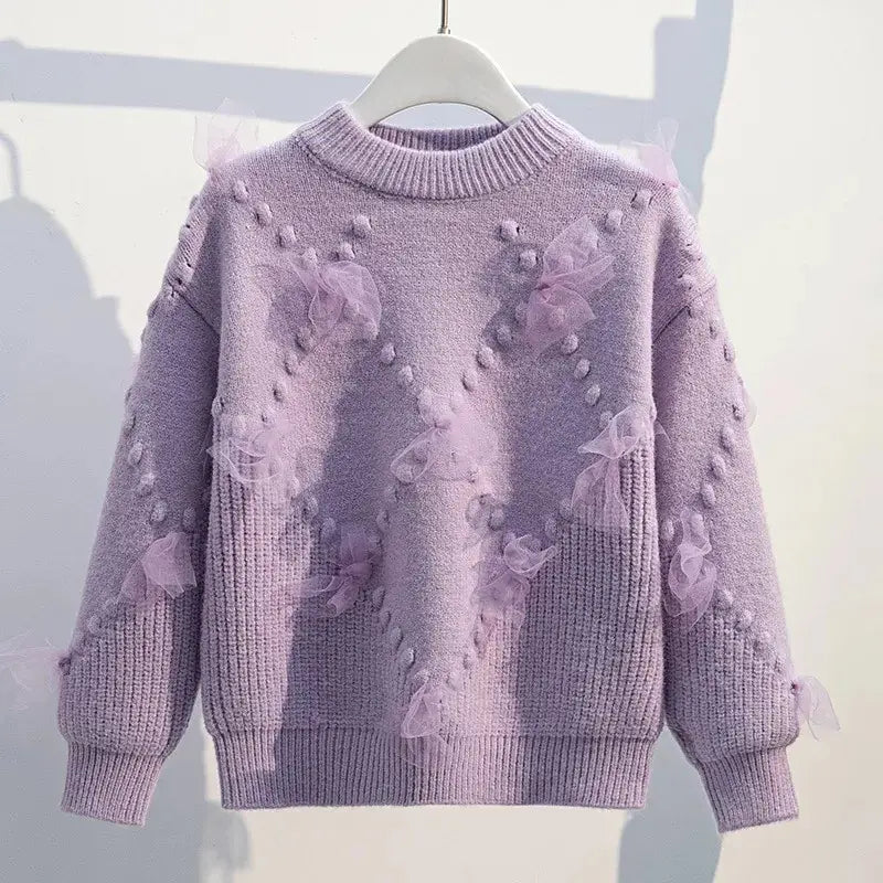 Girls Light Purple Bow Knitted Sweater Autumn Winter