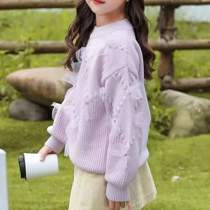 Girls Light Purple Bow Knitted Sweater Autumn Winter
