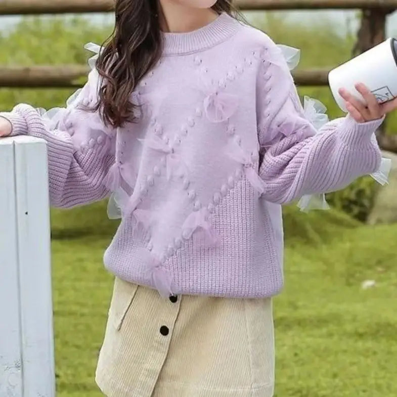 Girls Light Purple Bow Knitted Sweater Autumn Winter