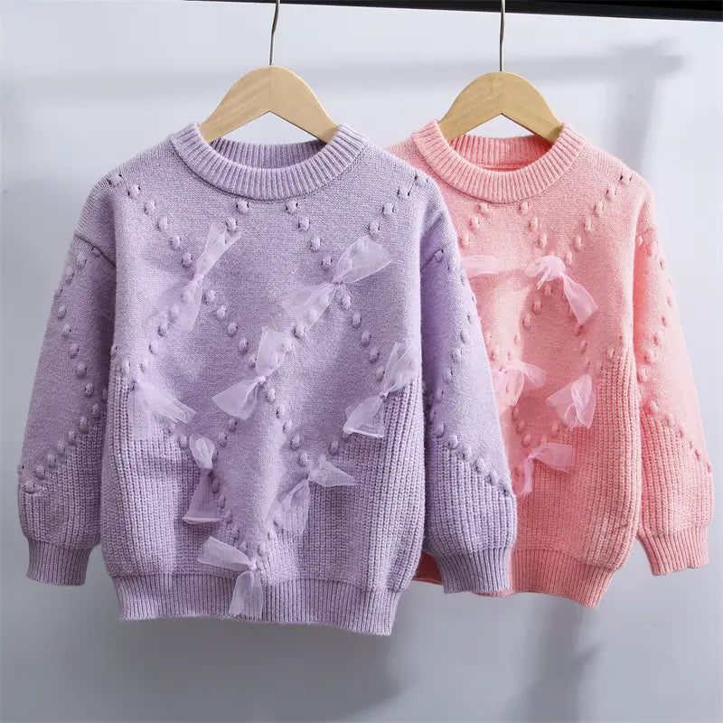 Girls Light Purple Bow Knitted Sweater Autumn Winter