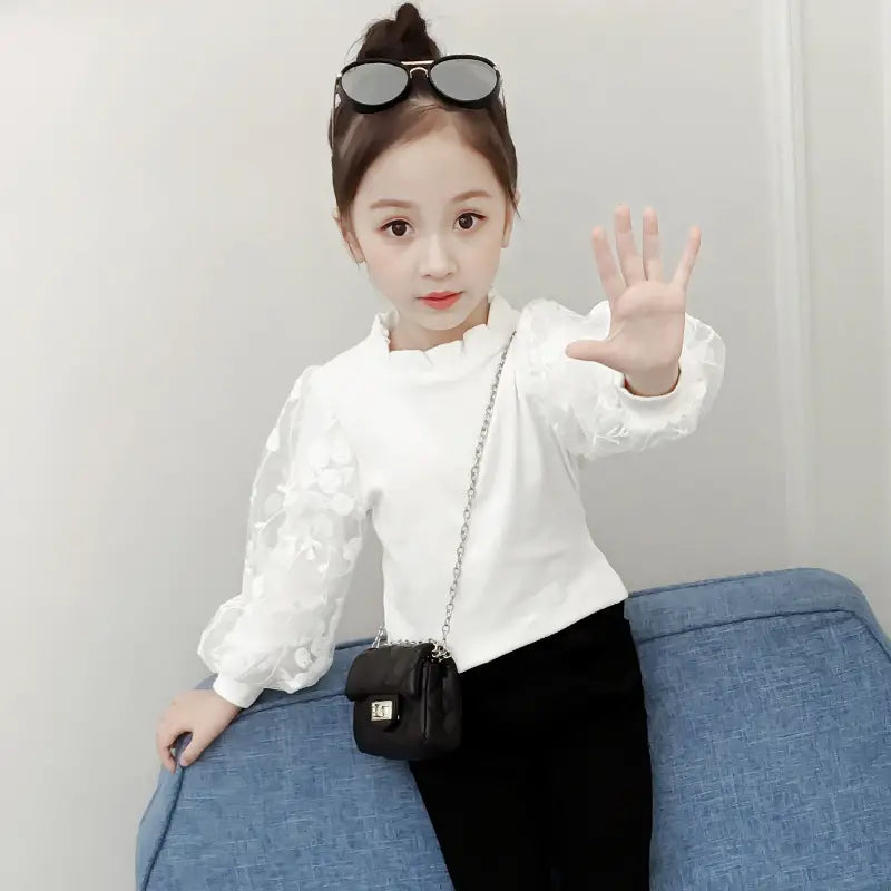Girls White Bubble Sleeve Shirt Autumn 2025