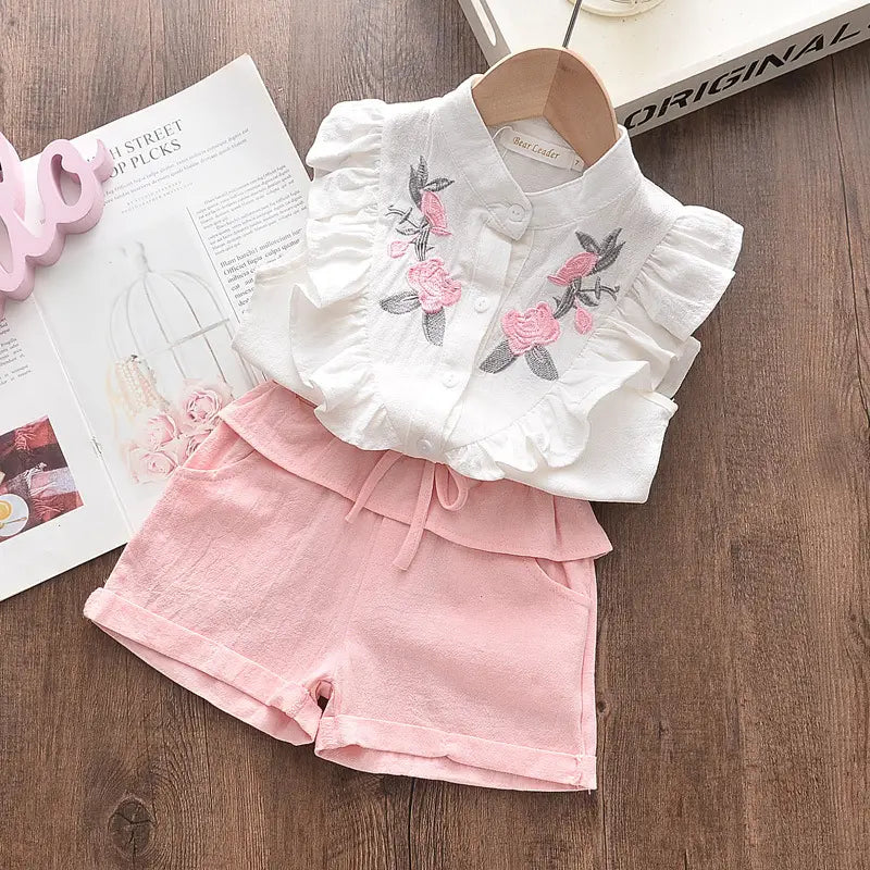 Girls Embroidered Sleeveless Shirt & Shorts Set White Pink Cotton