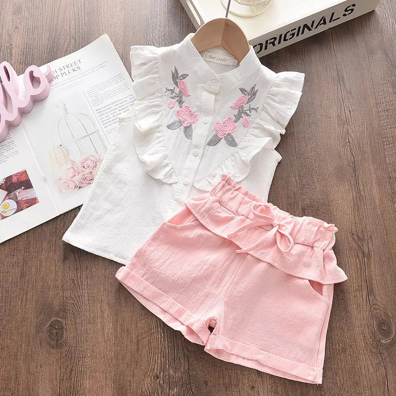 Girls Embroidered Sleeveless Shirt & Shorts Set White Pink Cotton