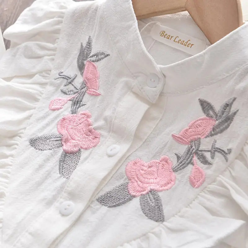 Girls Embroidered Sleeveless Shirt & Shorts Set White Pink Cotton