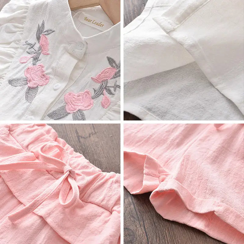 Girls Embroidered Sleeveless Shirt & Shorts Set White Pink Cotton