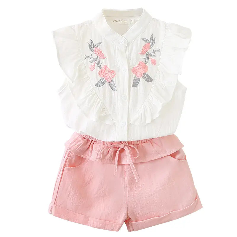 Girls Embroidered Sleeveless Shirt & Shorts Set Pink Cotton Daily Wear