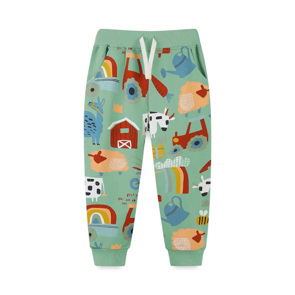 Kids Farm Print Pants Mint Green Drawstring Waist