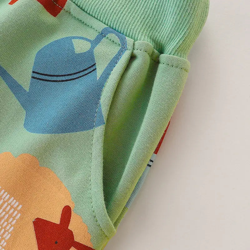 Kids Farm Print Pants Mint Green Drawstring Waist