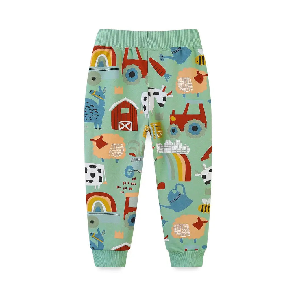 Kids Farm Print Pants Mint Green Drawstring Waist