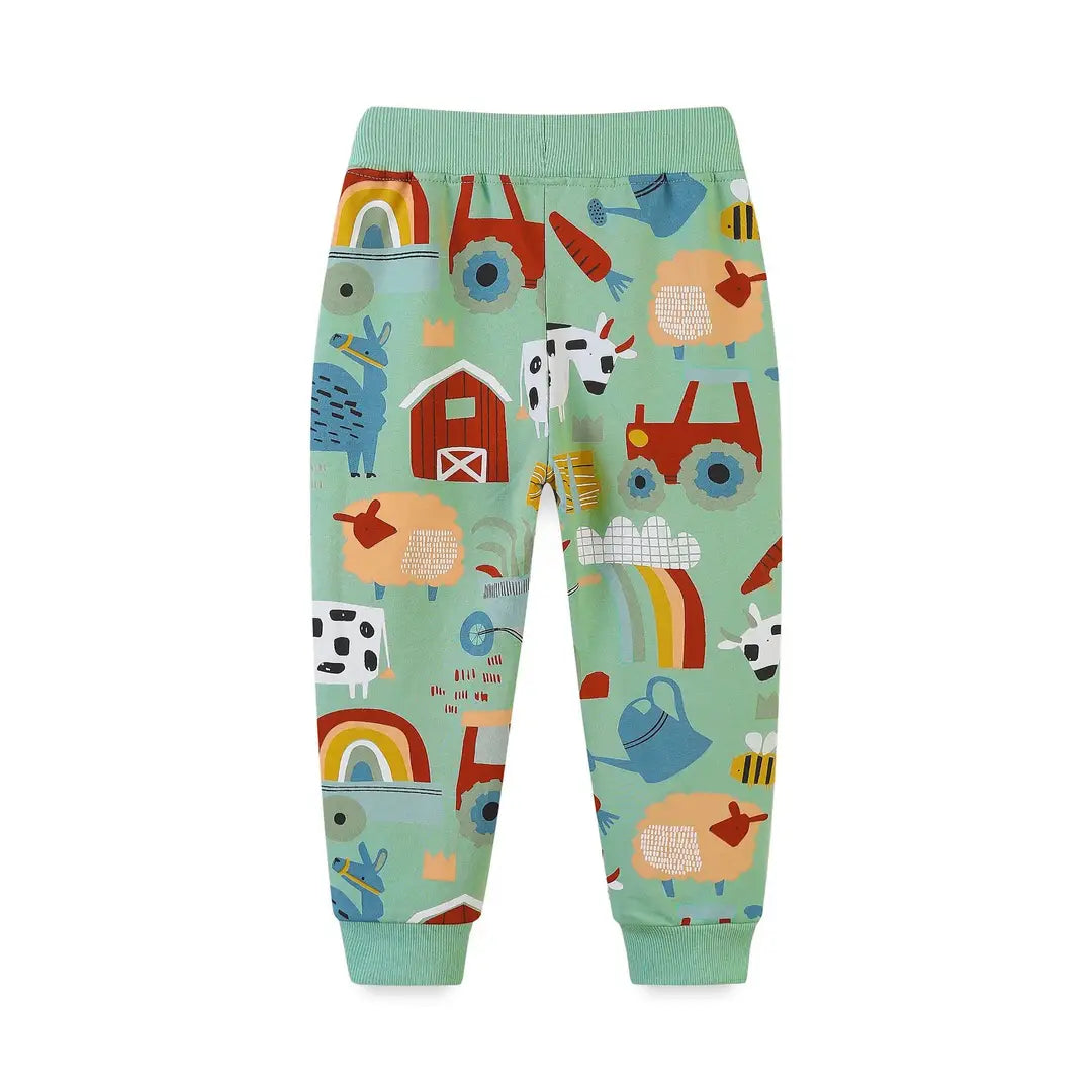 Kids Farm Print Pants Mint Green Drawstring Waist