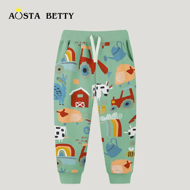 Kids Farm Print Pants Mint Green Drawstring Waist