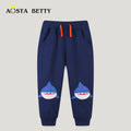 Boys Shark Print Joggers Navy Blue with Orange Drawstring