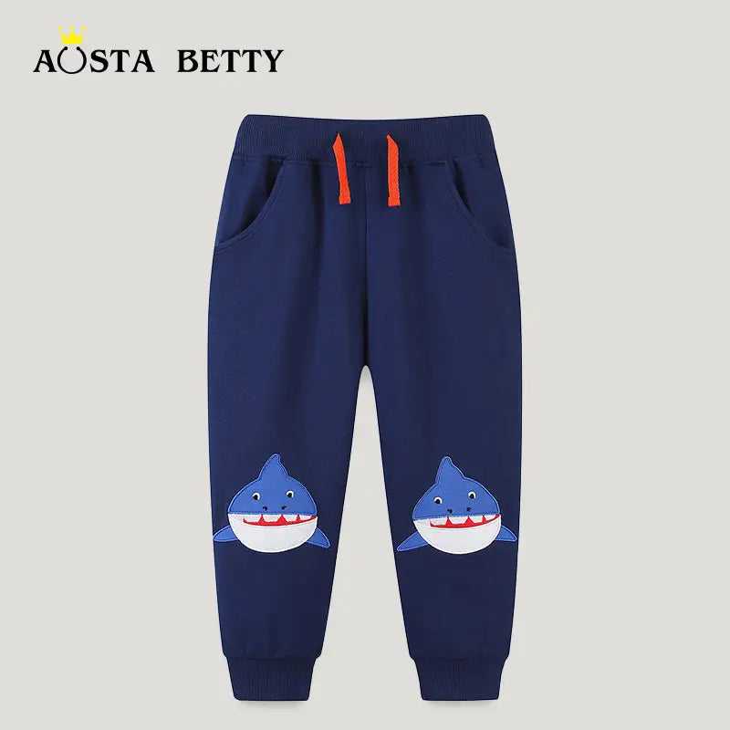 Boys Shark Print Joggers Navy Blue with Orange Drawstring