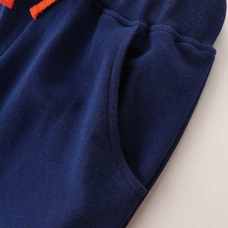 Boys Shark Print Joggers Navy Blue with Orange Drawstring