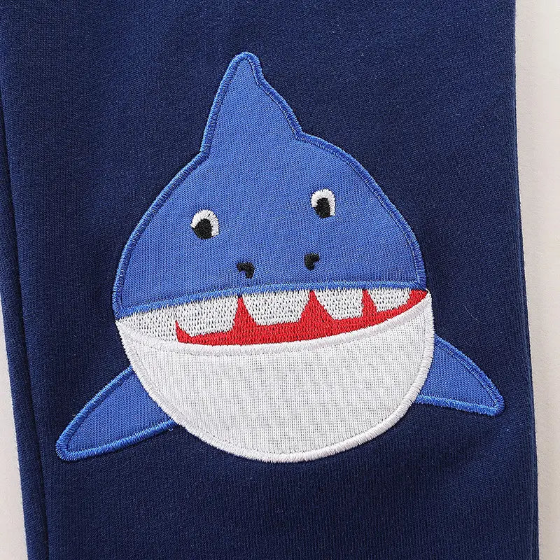 Boys Shark Print Joggers Navy Blue with Orange Drawstring