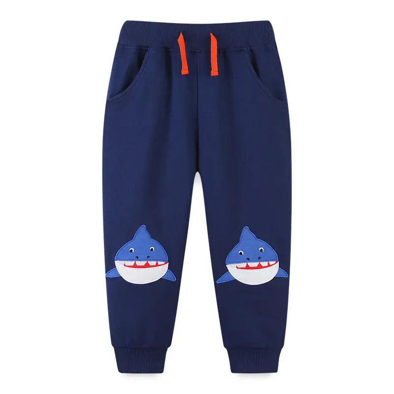 Boys Shark Print Joggers Navy Blue with Orange Drawstring
