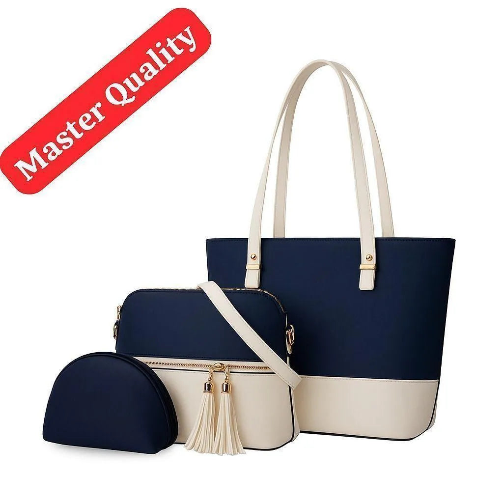 Women's Blue Leather Handbag Set 3 Pcs Top Handle