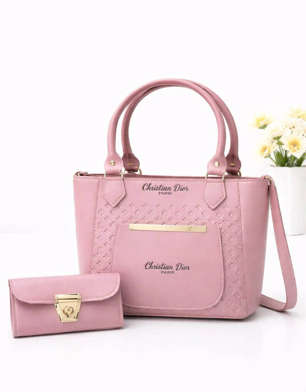 Pink Christian Dior Leather Handbag & Wallet Set for Women