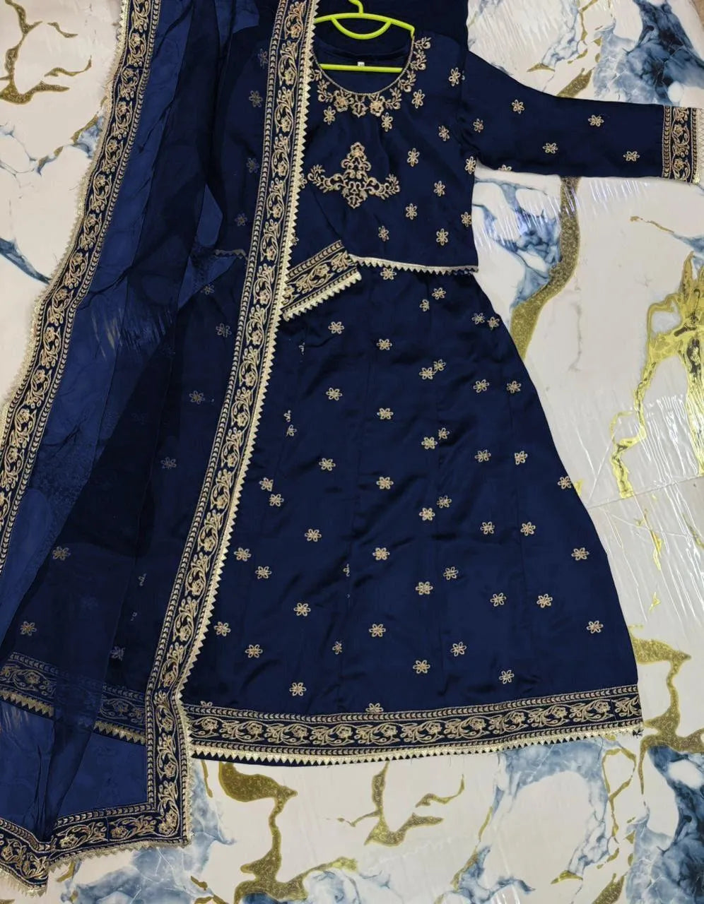 Navy Blue Gold Embroidered 3-Piece Silk Set for Girls 5-12