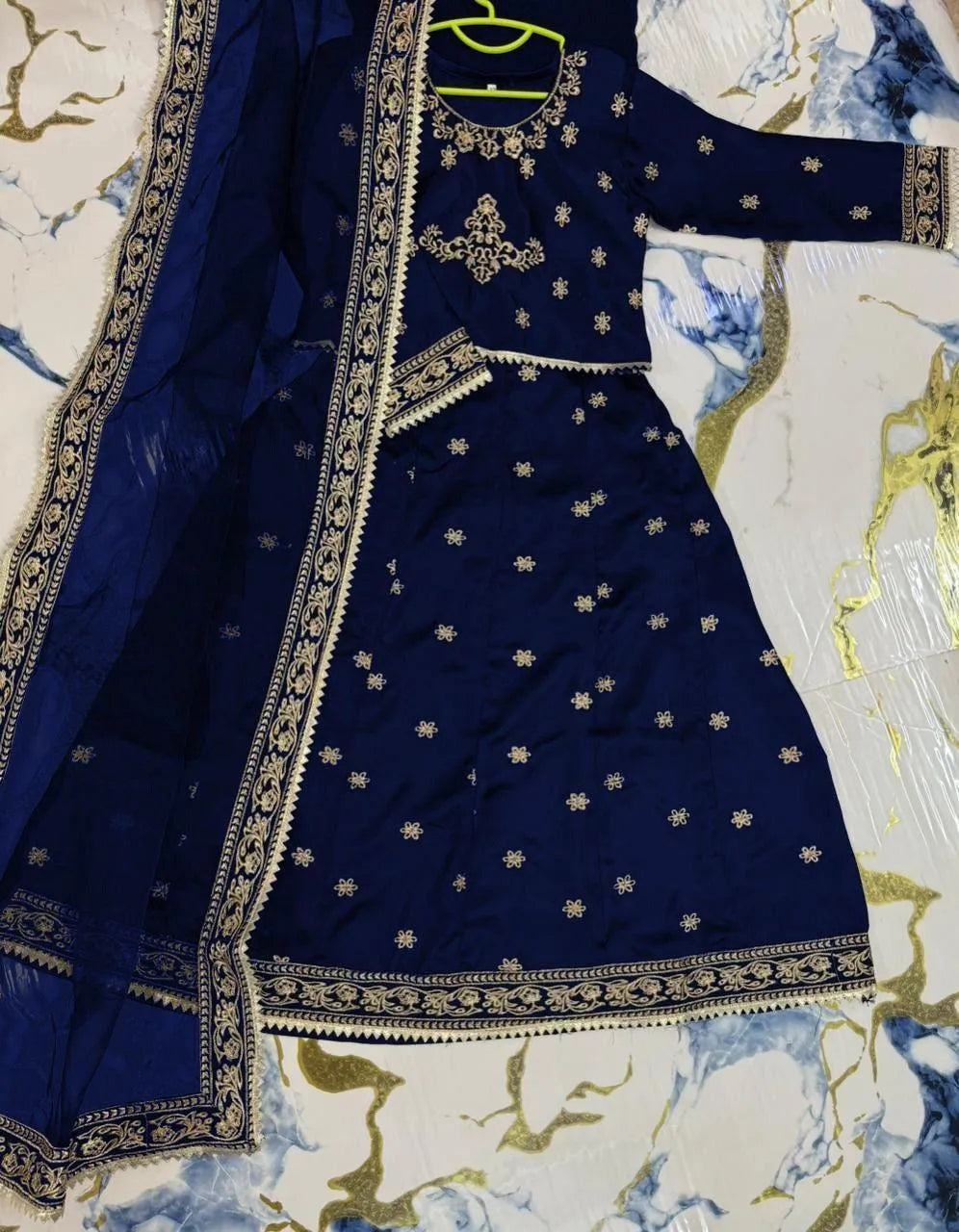 Navy Blue Gold Embroidered 3-Piece Silk Set for Girls 5-12