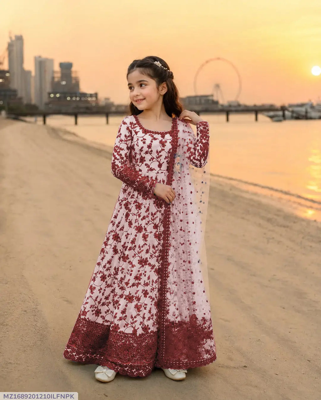 3 Pcs Girl's Karandi Printed Frock And Trouser Set