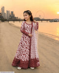 3 Pcs Girl's Karandi Printed Frock And Trouser Set
