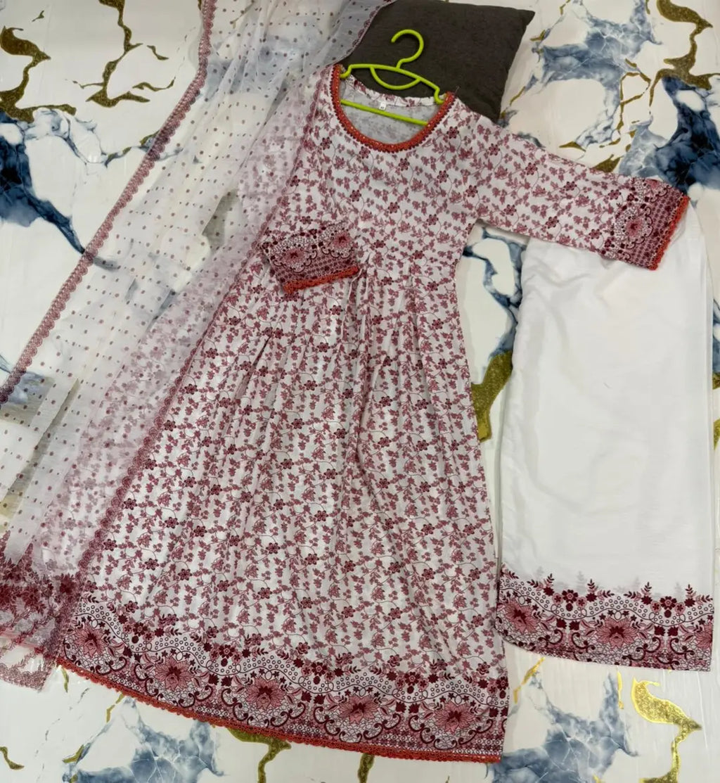 3 Pcs Girl's Karandi Printed Frock And Trouser Set