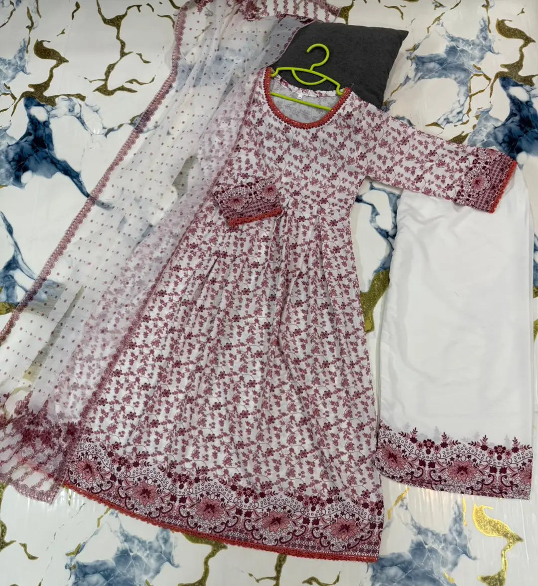 3 Pcs Girl's Karandi Printed Frock And Trouser Set