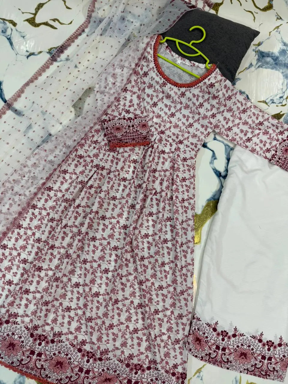 3 Pcs Girl's Karandi Printed Frock And Trouser Set
