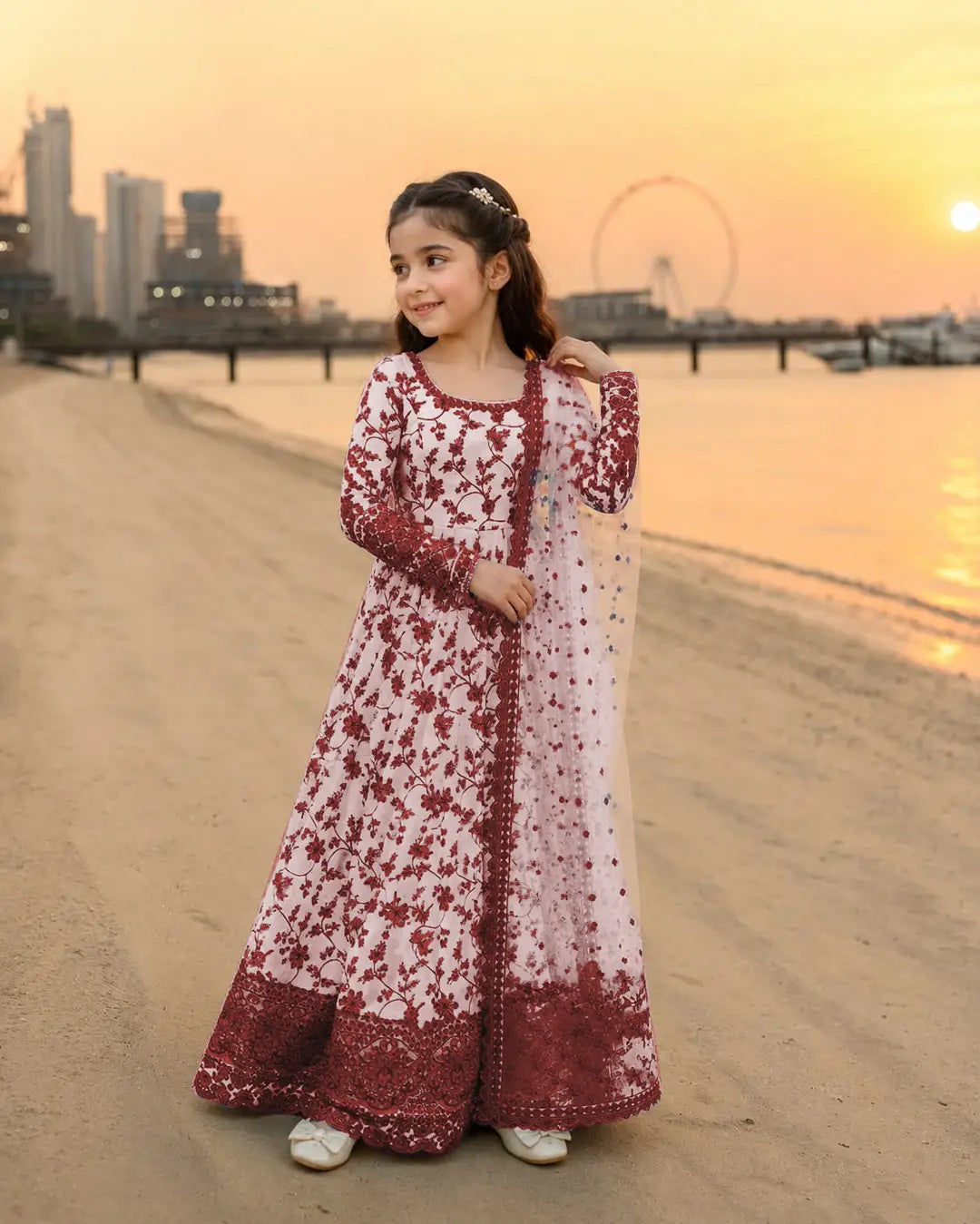 3 Pcs Girl's Karandi Printed Frock And Trouser Set