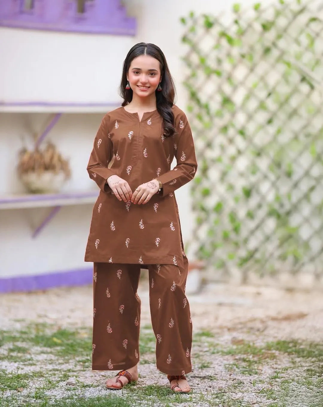 Kids Brown Rose Embroidery Kurta Pant Set 2Pcs