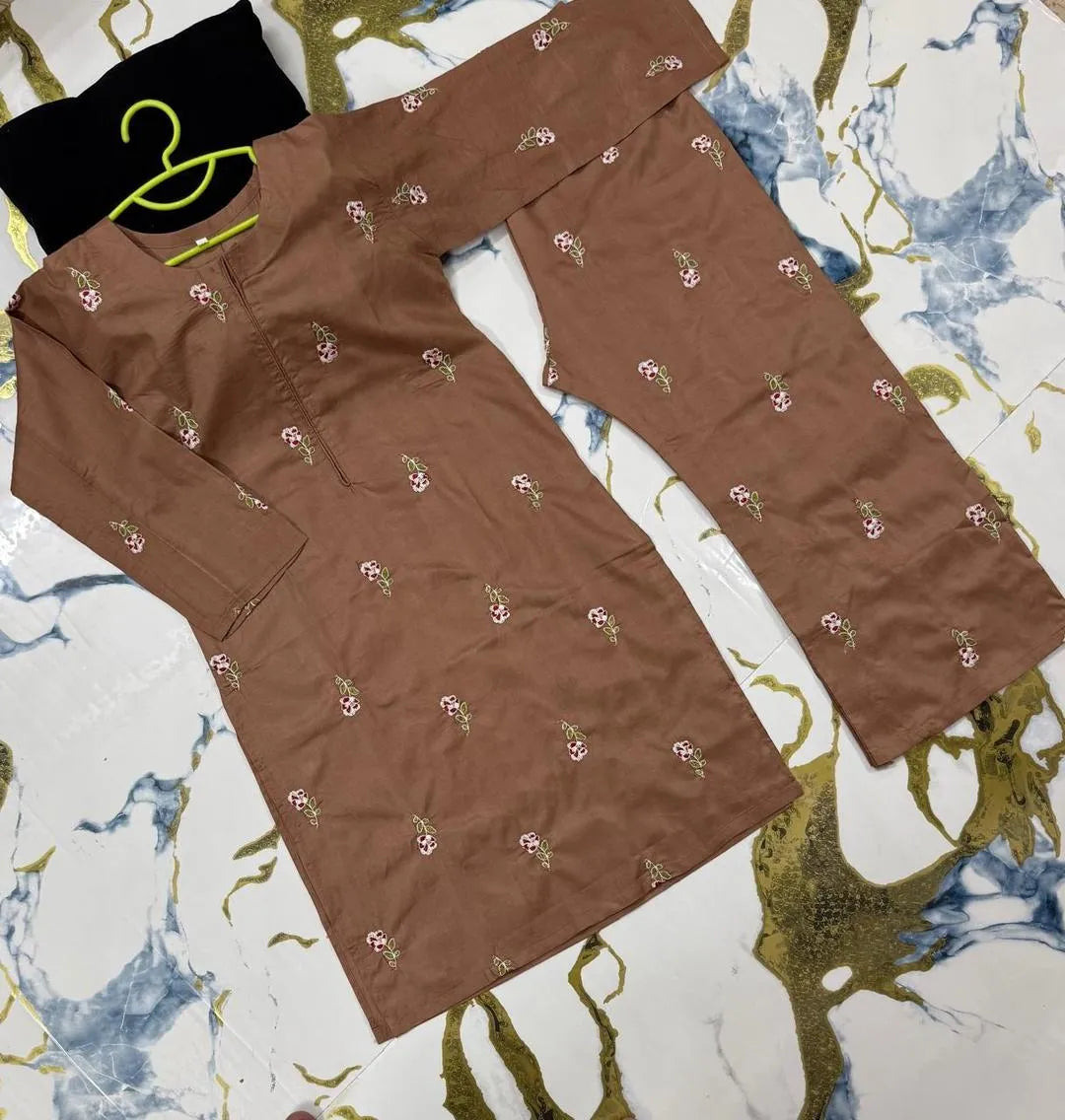 Kids Brown Rose Embroidery Kurta Pant Set 2Pcs