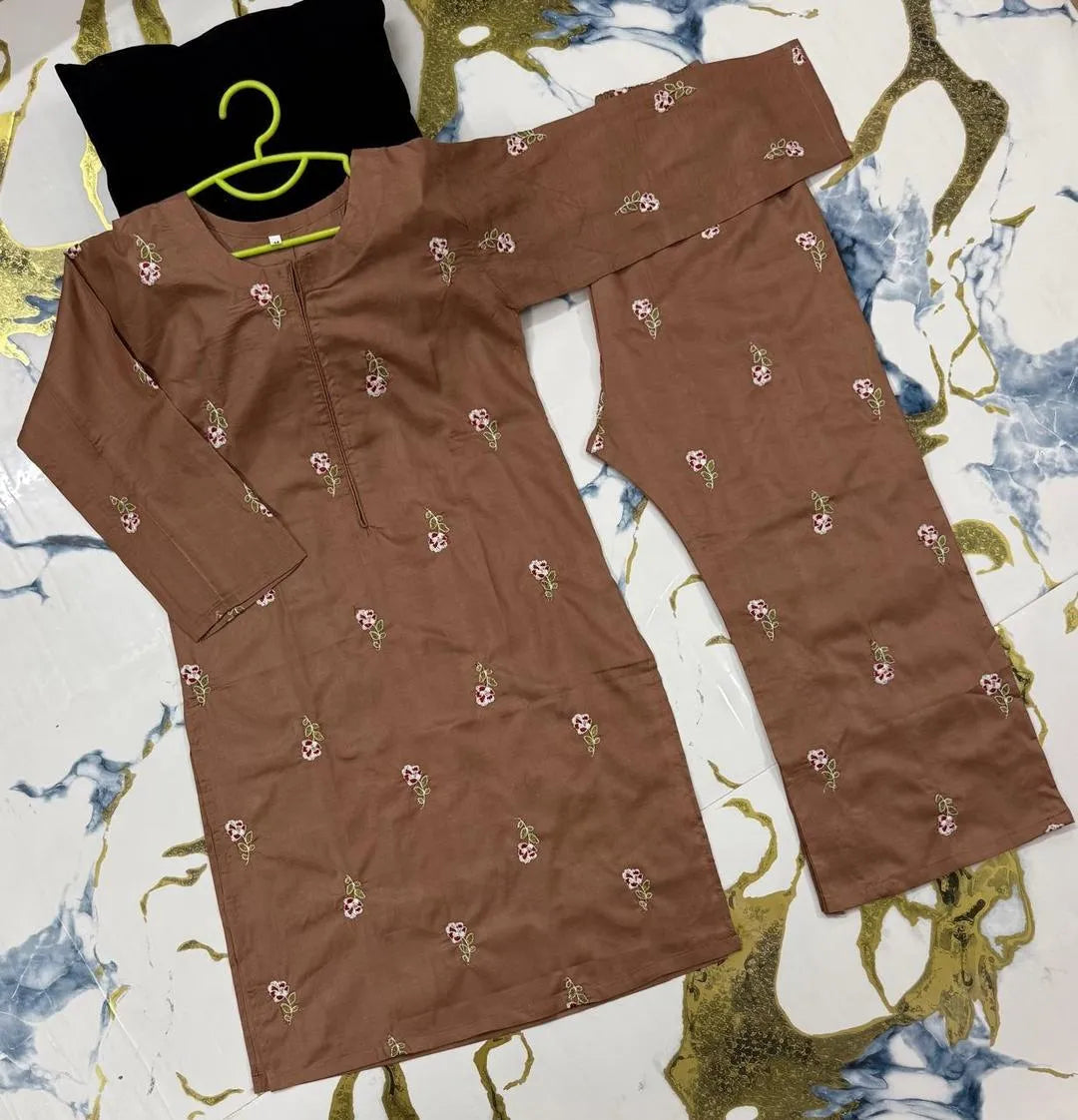 Kids Brown Rose Embroidery Kurta Pant Set 2Pcs