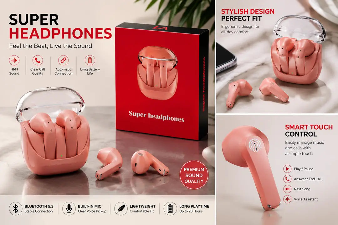 Pink Long-Lasting Battery With Fast Charge Earbuds
