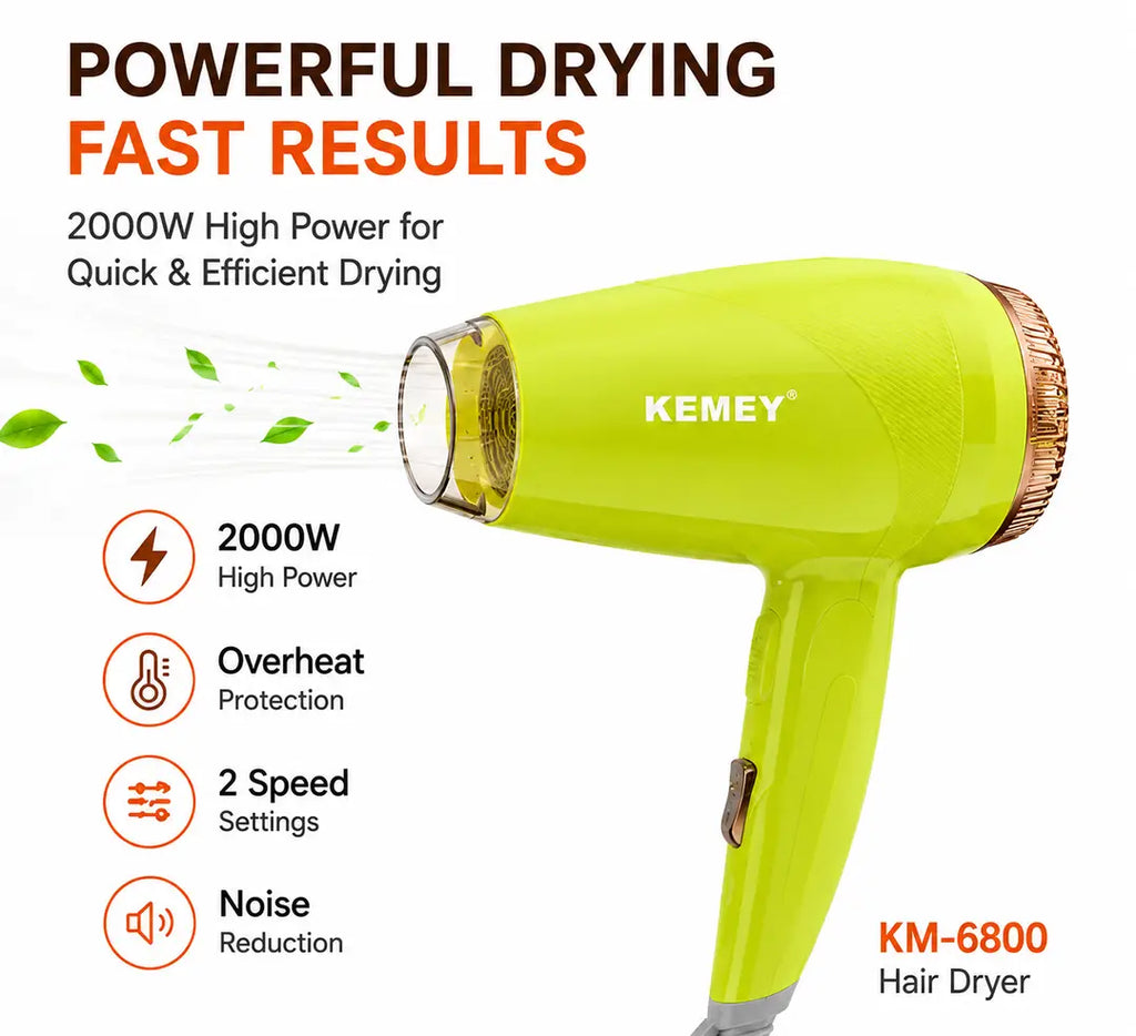 KEMEY KM-6821 Professional Hair Dryer 2000W | Hot & Cool Air | Foldable Handle | Overheat Protection