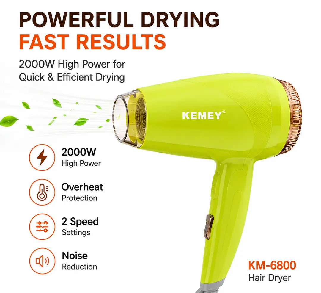 KEMEY KM-6821 Professional Hair Dryer 2000W | Hot & Cool Air | Foldable Handle | Overheat Protection